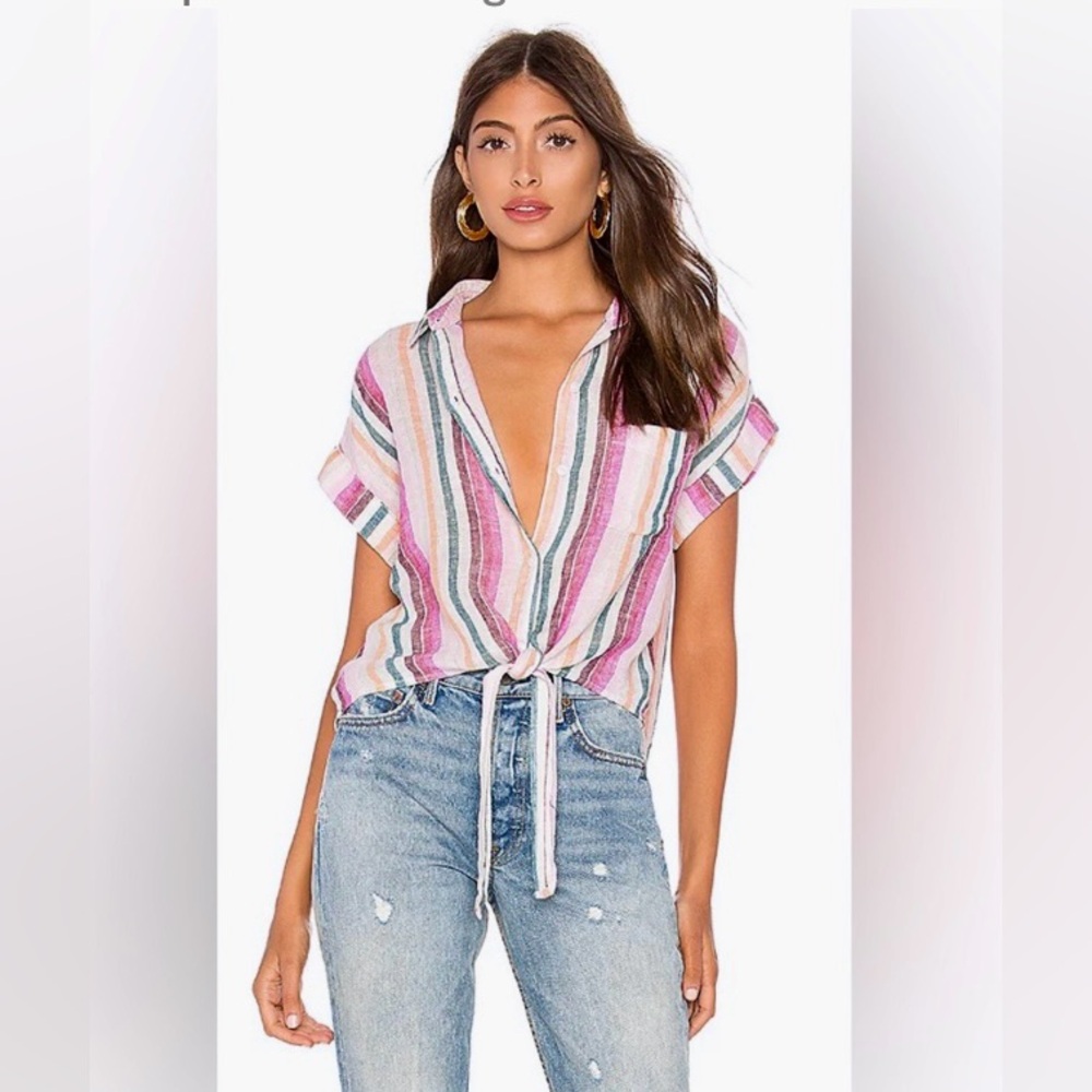 EUC RAILS Amelie Linen Blend Tie Front Blouse L Avila Stripe Pink/Green/Yellow